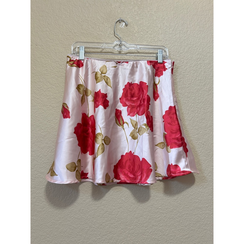 LIFE Size L Rose Floral Satin Mini Skirt Pink Red Coquette Romantic Y2K